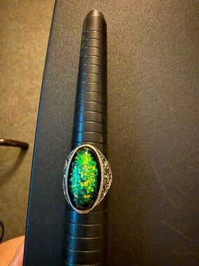 Green Opal Teardrop Statement Ring in Silver Tone